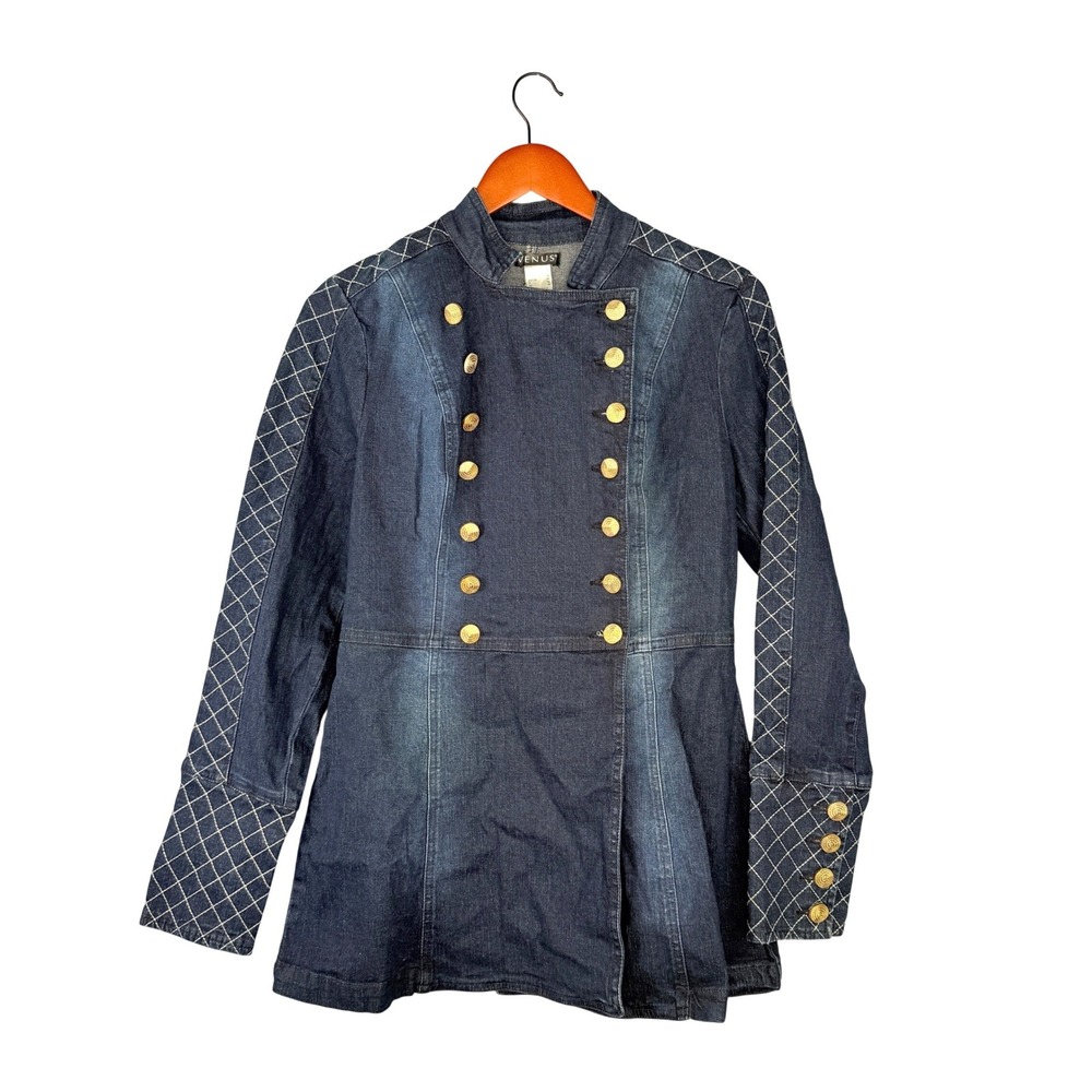 Y2K Denim Jacket Venus Military Womens 4‎ Blue Double Breasted Gold Button